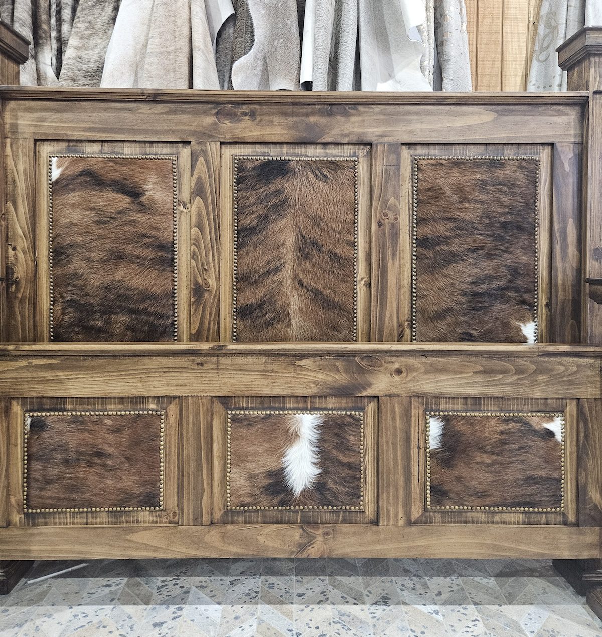 Canby Bedcloseupbrown white cowhide - Ranch & Co Interiors