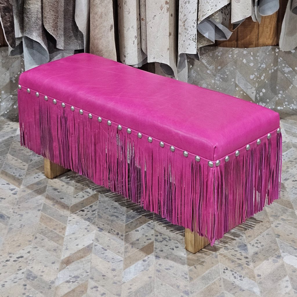 Pink leather bench with fringe-1x1 - Ranch & Co Interiors