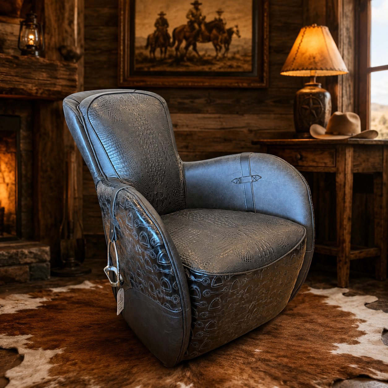 Grand Prix ReclinerWEB - Ranch & Co Interiors A dark leather recliner with a textured crocodile pattern sits in a rustic cabin room, with a wooden desk, hat, and lamp in the background.